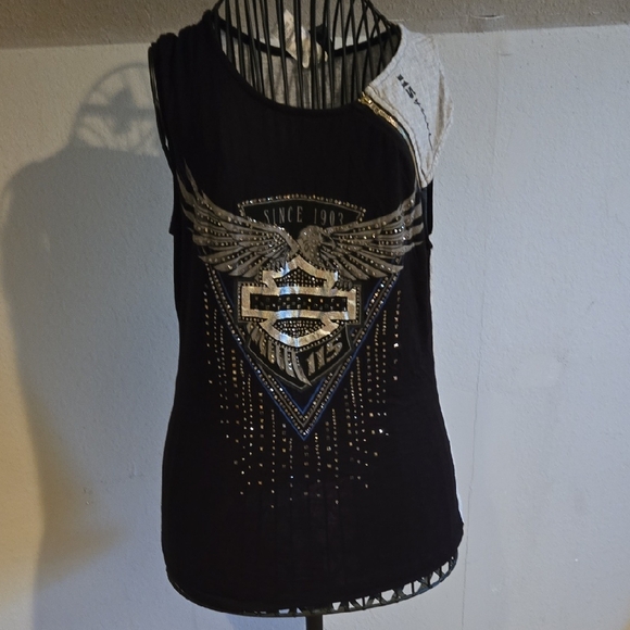 🏍 EUC! Large HD Harley-Davidson Black and Gold Embellished Tank Top Bling - Picture 1 of 10